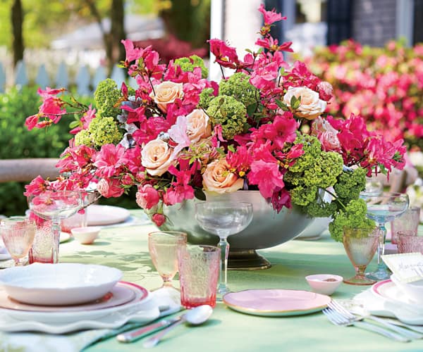 Pink and blush azaleas on a wedding reception table